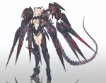  1girl absurdres armor artoria_pendragon_(fate) artoria_pendragon_(lancer_alter)_(fate) bangs blonde_hair breasts clothing_cutout fate/grand_order fate_(series) full_body gauntlets gradient gradient_background hair_between_eyes high_heels highres horns large_breasts revealing_clothes science_fiction shadow simple_background skin_tight sohn_woohyoung solo stomach_cutout tail underboob yellow_eyes 