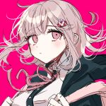  1girl bangs black_jacket black_shirt blush brown_hair danganronpa_(series) danganronpa_2:_goodbye_despair dress_shirt eyebrows_visible_through_hair floating_hair frown galaga hair_ornament hood hooded_jacket jacket looking_at_viewer messy_hair nanami_chiaki neck_ribbon patzzi pink_background pink_eyes pink_ribbon portrait ribbon shirt simple_background sketch solo white_shirt 