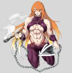  1girl abs breasts chain commentary_request cowboy_shot eyebrows_visible_through_hair eyes_visible_through_hair fuuma_kotarou_(tenkaichi) grey_background hair_between_eyes highres holding holding_weapon large_breasts long_hair looking_at_viewer muscular muscular_female navel nexas orange_eyes orange_hair simple_background solo tattoo tenkaichi_nihon_saikyou_bugeisha_ketteisen underboob weapon 