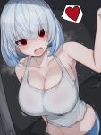  1girl armpits bangs bare_shoulders blue_shorts blush breasts breath cleavage collarbone crop_top door eyebrows_visible_through_hair hair_between_eyes heart highres large_breasts last_origin light_blue_hair looking_at_viewer midriff opening_door red_eyes shaded_face short_hair shorts skyhood solo spoken_heart tank_top titania_frost trembling white_tank_top 