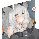  1girl animal_ears arknights blush cat_ears cum facial grey_hair heart long_hair mikojin orange_eyes ptilopsis_(arknights) shirt solo tagme 