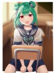  1girl blue_hair blurry border bug butterfly chair chalkboard chromatic_aberration classroom depth_of_field desk double_bun green_hair hair_ornament highres hololive indoors multicolored_hair nikahoshikuzu on_chair open_mouth outside_border red_eyes school_chair school_desk school_uniform serafuku sitting sitting_backwards skull_hair_ornament smile solo streaked_hair two-tone_hair uruha_rushia virtual_youtuber white_border 