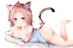  1girl :3 alternate_costume animal_ears arm_support ass bangs_pinned_back bare_legs bare_shoulders barefoot blush breasts cat_ears cat_girl cat_tail cleavage collarbone commentary_request diona_(genshin_impact) forehead genshin_impact green_eyes hair_ribbon head_rest leg_up looking_at_viewer lying on_stomach pajamas panties pink_hair ribbon short_hair side-tie_panties sidelocks simple_background small_breasts smile solo spaghetti_strap tail tail_ornament tail_ribbon thick_eyebrows tutsucha_illust underwear 