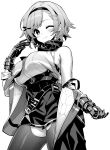  1girl azur_lane bangs breasts eyebrows_visible_through_hair gauntlets greyscale headband hori_(hori_no_su) jacket large_breasts monochrome off_shoulder one_eye_closed open_clothes open_jacket reno_(azur_lane) short_hair simple_background solo swept_bangs thighhighs white_background 