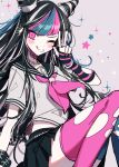  1girl ;q asymmetrical_legwear bangs black_hair black_nails black_skirt blue_hair blush commentary_request danganronpa_(series) danganronpa_2:_goodbye_despair grey_shirt hair_horns highres jewelry knees_up long_hair looking_at_viewer mioda_ibuki mismatched_legwear multicolored_hair neckerchief one_eye_closed patzzi piercing pink_eyes pink_hair pleated_skirt ring sailor_collar school_uniform serafuku shirt simple_background skirt smile thighhighs tongue tongue_out torn_clothes torn_legwear w white_hair 