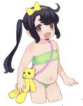  1girl bangs belly bikini black_hair blush bow brown_eyes copyright_request cropped_legs eyebrows_visible_through_hair fang green_bikini long_hair mizuno_uchi open_mouth simple_background smile solo swimsuit twintails white_background yellow_bow 