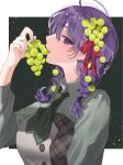  1girl alternate_costume alternate_hairstyle bangs braid breasts buttons collared_dress commentary_request dress eating fate/stay_night fate_(series) fingernails food food-themed_hair_ornament food_in_mouth food_on_head fruit fruit_on_head grape_hair_ornament grapes green_dress green_neckwear hair_ornament hair_ribbon highres holding holding_food holding_fruit lips long_hair long_sleeves looking_at_viewer matou_sakura medium_breasts object_on_head open_mouth pink_lips plaid purple_eyes purple_hair red_ribbon ribbon shimatori_(sanyyyy) solo teeth upper_body upper_teeth 