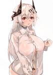  1girl absurdres arknights bangs blush breasts covered_nipples earrings eye_piercing eyebrows_visible_through_hair highres horns jewelry large_breasts long_hair looking_at_viewer mudrock_(arknights) muteppona_hito open_mouth pointy_ears red_eyes shirt silver_hair solo standing white_background white_shirt 