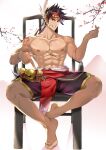  1boy abs bara bare_pectorals beckoning bell brown_hair come_hither feather_hair_ornament feathers finger_heart full_body gan_ning hair_ornament headband highres large_pectorals male_focus muscular muscular_male navel nipples on_chair pectorals pelvic_curtain pmoazi pointing pointing_at_self purple_shorts scar scar_on_cheek scar_on_face scar_on_stomach seductive_smile shin_sangoku_musou short_hair shorts shoulder_tattoo sidelocks sitting smile solo spiked_hair stomach tattoo thighs tree 