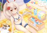  1girl alternate_costume ayanami_(azur_lane) azur_lane ball bangs beach_chair beach_umbrella beachball bikini bird blue_bikini breasts can cat chick cleavage cola collarbone commentary_request cooler eyebrows_visible_through_hair flower from_above hair_between_eyes hair_flower hair_ornament headgear kana_(kuaua) long_hair looking_at_viewer looking_up manjuu_(azur_lane) meowfficer_(azur_lane) midriff navel orange_eyes ponytail sidelocks silver_hair sitting smile soda_bottle soda_can spaghetti_strap swimsuit umbrella 