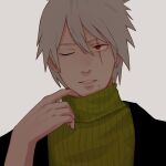  1boy adjusting_clothes black_coat coat datomato green_sweater grey_hair hair_between_eyes hatake_kakashi highres looking_away male_focus mole mole_under_mouth naruto_(series) naruto_shippuuden one_eye_closed parted_lips portrait red_eyes scar scar_across_eye sharingan short_hair solo sweater turtleneck turtleneck_sweater 