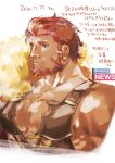  1boy armor bara bare_shoulders beard breastplate cape cleavage_cutout clothing_cutout cotsu_kotsu cropped_torso dated facial_hair fate/zero fate_(series) fur-trimmed_cape fur_trim highres iskandar_(fate) large_pectorals looking_to_the_side male_focus mature_male muscular muscular_male pectoral_cleavage pectorals red_eyes red_hair short_hair sidepec solo translation_request 