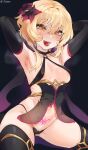  1girl :d areola_slip areolae armpits arms_behind_head black_background black_gloves black_legwear black_panties blonde_hair blush breasts commentary corruption elbow_gloves flower genshin_impact gloves hair_flower hair_ornament highres jtveemo looking_at_viewer lumine_(genshin_impact) medium_breasts naughty_face navel open_mouth panties pubic_tattoo simple_background smile solo sweat tattoo teeth thighhighs thighs twitter_username underwear yellow_eyes 