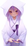  1girl :3 absurdres animal_ears blush cat_ears hair_between_eyes hand_fan highres holding holding_fan hololive hood hood_up hooded_kimono japanese_clothes kimono looking_at_viewer nanome_to nekomata_okayu purple_eyes purple_hair sidelocks simple_background solo uchikake upper_body virtual_youtuber white_background 