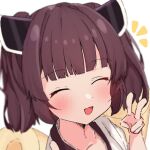  1girl bangs blunt_bangs brown_hair closed_eyes collarbone commentary facing_viewer gunpuu headgear kiritanpo_(food) notice_lines open_mouth portrait short_hair short_twintails smile solo touhoku_kiritan twintails v voiceroid white_background 