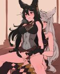  2girls absurdres animal_ears ass_visible_through_thighs bare_arms biting black_hair blush braid breasts dress ear_piercing erune eyebrows_visible_through_hair fingering fraux granblue_fantasy grey_hair hair_between_eyes hand_on_another&#039;s_thigh highres kenshin187 large_breasts lip_biting long_hair multiple_girls nier_(granblue_fantasy) panties piercing pussy_juice pussy_juice_drip_through_clothes red_eyes sitting sitting_on_lap sitting_on_person sweatdrop thighhighs underwear yellow_eyes yuri 