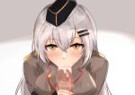  1girl :&gt;= absurdres bar_censor black_headwear blush breasts brown_jacket censored eyebrows_visible_through_hair fellatio girls&#039;_frontline grey_hair hair_ornament hairclip hat highres jacket light_brown_eyes long_hair looking_at_viewer medium_breasts military_hat muteppona_hito oral penis solo sucking svd_(girls&#039;_frontline) white_background 