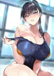  1girl absurdres arm_between_legs bangs black_hair black_legwear blue_eyes breasts cleavage clothes_pull collarbone commentary_request crossed_bangs eyebrows_visible_through_hair hair_over_shoulder highres indoors large_breasts lips long_hair looking_at_viewer one-piece_swimsuit parted_lips ponytail rei_no_pool second-party_source senri_gan shuumatsu_no_harem sitting solo swimsuit swimsuit_pull toudou_akira_(shuumatsu_no_harem) wet wet_hair window 