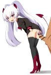  1boy 1girl ass black_legwear character_request copyright_request demon_tail high_heels highres horns okayu_(deleted) penis pussy_juice red_eyes tail thighhighs twintails white_background white_hair 