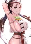  1girl armpits arms_behind_head arms_up bare_shoulders body_markings breasts brown_eyes brown_hair collarbone dress duplicate facial_mark fate/grand_order fate_(series) forehead_mark highres himiko_(fate) large_breasts long_hair looking_at_viewer magatama magatama_necklace pixel-perfect_duplicate sash shiny shiny_skin side_slit sideboob simple_background smile topknot twintails uenoryoma white_background white_dress 