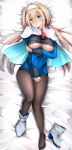  1girl arm_under_breasts black_legwear blue_dress blush boots breasts capelet dress hair_behind_ear hairband highres looking_at_viewer low_twintails lying mctom mitsuba_greyvalley on_back on_bed pantyhose super_robot_wars super_robot_wars_30 sweatdrop twintails underboob white_capelet white_footwear white_hairband 