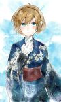  1girl aegis_(persona) blonde_hair blue_eyes blue_kimono blush closed_mouth floral_print hair_between_eyes highres japanese_clothes kimono long_sleeves looking_at_viewer lor_(roasyerizyonirapi) obi persona persona_3 print_kimono sash short_hair solo standing turtleneck wide_sleeves yukata 