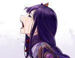  1girl :o armor bangs blunt_bangs bow bowtie braid braided_ponytail commentary crying crying_with_eyes_open english_commentary eyebrows_visible_through_hair from_side genshin_impact hair_ornament hiroki_ree japanese_clothes long_hair looking_up low_ponytail purple_eyes purple_hair raiden_shogun sad shoulder_armor sidelocks simple_background single_braid solo streaming_tears tears white_background 
