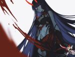  1girl armor bangs bare_shoulders blood blood_on_face blurry blurry_foreground breasts cleavage closed_mouth gauntlets gloves hair_between_eyes highres holding holding_sword holding_weapon honkai_(series) honkai_impact_3rd horns japanese_armor katana long_hair looking_at_viewer navel purple_eyes purple_hair qbird449 raiden_mei raiden_mei_(herrscher_of_thunder) simple_background single_gauntlet solo sword weapon white_background 