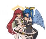  2girls ankh ankh_necklace belt blue_hair bodysuit broken_halo dizzy_(guilty_gear) green_eyes guilty_gear guilty_gear_strive halo highres jack-o&#039;_valentine looking_at_viewer moontears mother_and_daughter multiple_girls ponytail red_eyes red_hair skirt tail white_bodysuit wings 