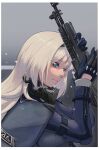  1girl an-94 an-94_(girls&#039;_frontline) aqua_eyes assault_rifle blonde_hair blue_cloak blue_gloves blue_jacket cloak closed_mouth eyebrows_visible_through_hair girls&#039;_frontline gloves grey_background gun hairband highres holding holding_weapon jacket long_hair looking_down mask mask_around_neck mo_geng rifle snowflakes solo weapon 