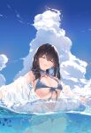  1girl :d absurdres bangs bikini bikini_skirt black_hair blue_bikini blue_sky breasts cleavage closed_eyes closed_mouth cloud cloudy_sky commentary_request cumulonimbus_cloud eyebrows_visible_through_hair eyewear_around_neck fish floating happy heart heart-shaped_eyewear highres innertube large_breasts long_hair navel ocean open_mouth original partially_submerged shimicha sky smile solo sunglasses swimsuit thighs underboob upper_teeth water 