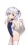  1girl alternate_costume armpits ass azur_lane bangs blue_swimsuit braid breasts choker collarbone commentary english_commentary eyebrows_visible_through_hair eyes_visible_through_hair from_side groin head_tilt highleg highres holding holding_towel leaning_forward little_bel_(azur_lane) long_hair looking_at_viewer one_side_up piano-alice purple_eyes sidelocks silver_hair simple_background single_braid small_breasts smile solo swimsuit thighhighs towel white_background white_legwear 