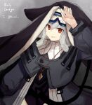  1girl arknights artist_name bangs black_coat black_dress black_headwear blush breasts capelet coat cowboy_shot dress genieko goggles goggles_on_head grey_background grey_hair habit hair_between_eyes hand_on_own_forehead jewelry long_hair long_sleeves looking_at_viewer necklace nun parted_lips purple_nails red_eyes ribbed_sweater smile specter_(arknights) sweater 