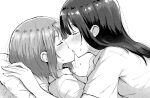  2girls bangs betock closed_eyes eyebrows_visible_through_hair eyelashes french_kiss girl_on_top highres kiss long_hair lying medium_hair monochrome multiple_girls on_back original pillow sweatdrop tongue yuri 