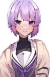 1girl a.i._voice black_shirt brown_cardigan cardigan collar collared_shirt commentary grey_shirt gunpuu hair_ornament hairclip highres looking_at_viewer open_cardigan open_clothes purple_eyes purple_hair purple_neckwear sailor_collar school_uniform shirt short_hair smile solo turtleneck upper_body vocaloid voiceroid white_background white_collar yuzuki_yukari yuzuki_yukari_(shizuku) 