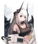  1girl arknights bare_shoulders black_horns black_sports_bra breasts cleavage closed_mouth collar collarbone ear_piercing genieko hair_ornament horns jumpsuit large_breasts long_hair looking_at_viewer mudrock_(arknights) navel off_shoulder open_jumpsuit oripathy_lesion_(arknights) piercing pointy_ears red_eyes sarashi silver_hair simple_background solo sports_bra upper_body white_jumpsuit 