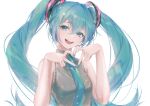  1girl bare_arms blue_eyes blue_hair blue_nails blue_neckwear breasts cako_asida clenched_hands collared_shirt commentary dot_nose eyelashes eyes_visible_through_hair fingernails fingers_together glitter grey_shirt hair_between_eyes half-closed_eyes hands_up happy hatsune_miku head_tilt heart heart_hands highres light_particles long_hair looking_at_viewer medium_breasts necktie open_mouth round_teeth shirt sidelocks simple_background sleeveless sleeveless_shirt smile solo teeth tsurime twintails upper_body upper_teeth very_long_hair vocaloid white_background 