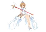  1girl absurdres cardcaptor_sakura crown green322 green_eyes highres holding holding_wand kinomoto_sakura magical_girl open_mouth simple_background solo wand white_background yume_no_tsue 