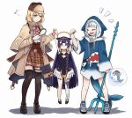  3girls alternate_height animal_hood blonde_hair bloop_(gawr_gura) coat fish_tail gawr_gura halo hololive hololive_english hood lifted_by_another magnifying_glass multiple_girls ninomae_ina&#039;nis plaid plaid_skirt polearm purple_hair shark_tail sharp_teeth single_thighhigh skirt smile tail teeth thighhighs trident watson_amelia weapon white_background white_hair yuuyu_(777) 