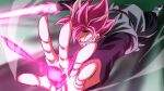  1boy attack boots dougi dragon_ball dragon_ball_super energy_ball energy_sword evil_grin evil_smile flying goku_black grin long_sleeves male_focus pink_eyes pink_hair rom_(20) smile solo spiked_hair super_saiyan super_saiyan_rose sword weapon 