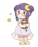  1girl :&lt; alternate_costume bangs bloomers blue_bow blunt_bangs blush_stickers book bookmark bow chibi citrus_(place) commentary_request crescent crescent_hair_ornament double_bun dress full_body hair_bow hair_ornament hair_up hairclip highres holding holding_book long_hair nightgown patchouli_knowledge purple_dress purple_eyes red_bow short_sleeves simple_background slippers solo star_(symbol) star_hair_ornament touhou underwear white_background yellow_footwear 