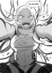  1girl animal_ears blurry boku_no_hero_academia breasts commentary_request depth_of_field english_text greyscale happy highres leotard looking_at_viewer mirko monochrome nstime23 open_mouth pov rabbit_ears sketch solo speech_bubble twitter_username 