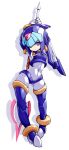  1girl android blue_eyes blue_hair bodysuit boots breasts closed_mouth gloves helmet holding holding_weapon karukan_(monjya) leviathan_(mega_man) looking_at_viewer mega_man_(series) mega_man_zero polearm simple_background smile solo spear thigh_boots thighhighs weapon white_background 
