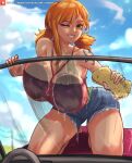  1girl against_glass breasts car_wash cloud cloudy_sky covered_nipples highres huge_breasts nami_(one_piece) one_eye_closed one_piece orange_hair patreon_username shorts sky solo sponge xhaart 