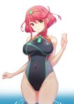  1girl blush breasts earrings green322 highres jewelry large_breasts looking_at_viewer one-piece_swimsuit pyra_(pro_swimmer)_(xenoblade) pyra_(xenoblade) red_eyes red_hair short_hair simple_background smile solo swimsuit tiara xenoblade_chronicles_(series) xenoblade_chronicles_2 
