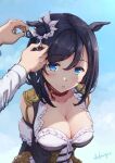  1girl adjusting_clothes adjusting_headwear animal_ears arms_behind_back artist_name black_corset black_hair blue_background blue_eyes breasts choker cleavage collarbone commentary_request corset dress ear_ornament eishin_flash_(umamusume) eyebrows_visible_through_hair frills hair_between_eyes horse_ears large_breasts light_blush looking_at_viewer open_mouth sakimiya_(inschool) short_hair signature umamusume upper_body white_dress 