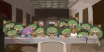  6+girls :s blue_shirt blush_stickers fine_art_parody green_eyes green_hair hat komeiji_koishi komeiji_satori multiple_girls multiple_persona numenoko open_mouth parody pink_eyes pink_hair shirt siblings sisters table tan_tan_pou the_last_supper touhou yellow_shirt 