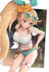  1girl absurdres bikini blonde_hair breasts dragalia_lost elisanne flower gonzarez hair_flower hair_ornament highres large_breasts ponytail ribbon solo sunglasses swimsuit 