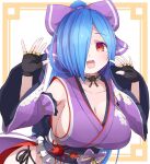 .live 1girl blue_hair bow breasts cleavage collarbone commentary_request detached_sleeves drias fingerless_gloves gloves hair_bow hair_over_one_eye highres japanese_clothes long_hair open_mouth portrait red_eyes simple_background solo virtual_youtuber yamato_iori 