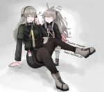  2girls black_legwear blush boots breasts closed_eyes closed_mouth eyebrows_visible_through_hair fanbox_username girls&#039;_frontline grey_footwear grey_hair hair_ornament hairband hairclip hand_on_floor highres holding_leg long_hair min-tami multiple_girls on_floor open_mouth pantyhose simple_background smile standing twintails ump40_(girls&#039;_frontline) ump45_(girls&#039;_frontline) white_legwear 